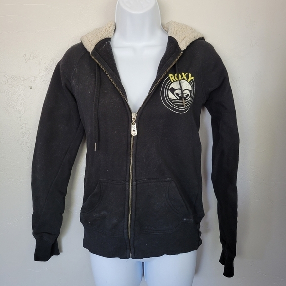Roxy Medium Black Jacket Full Zip Sherpa Lined Hood Logo Long Sleeve - Picture 1 of 7